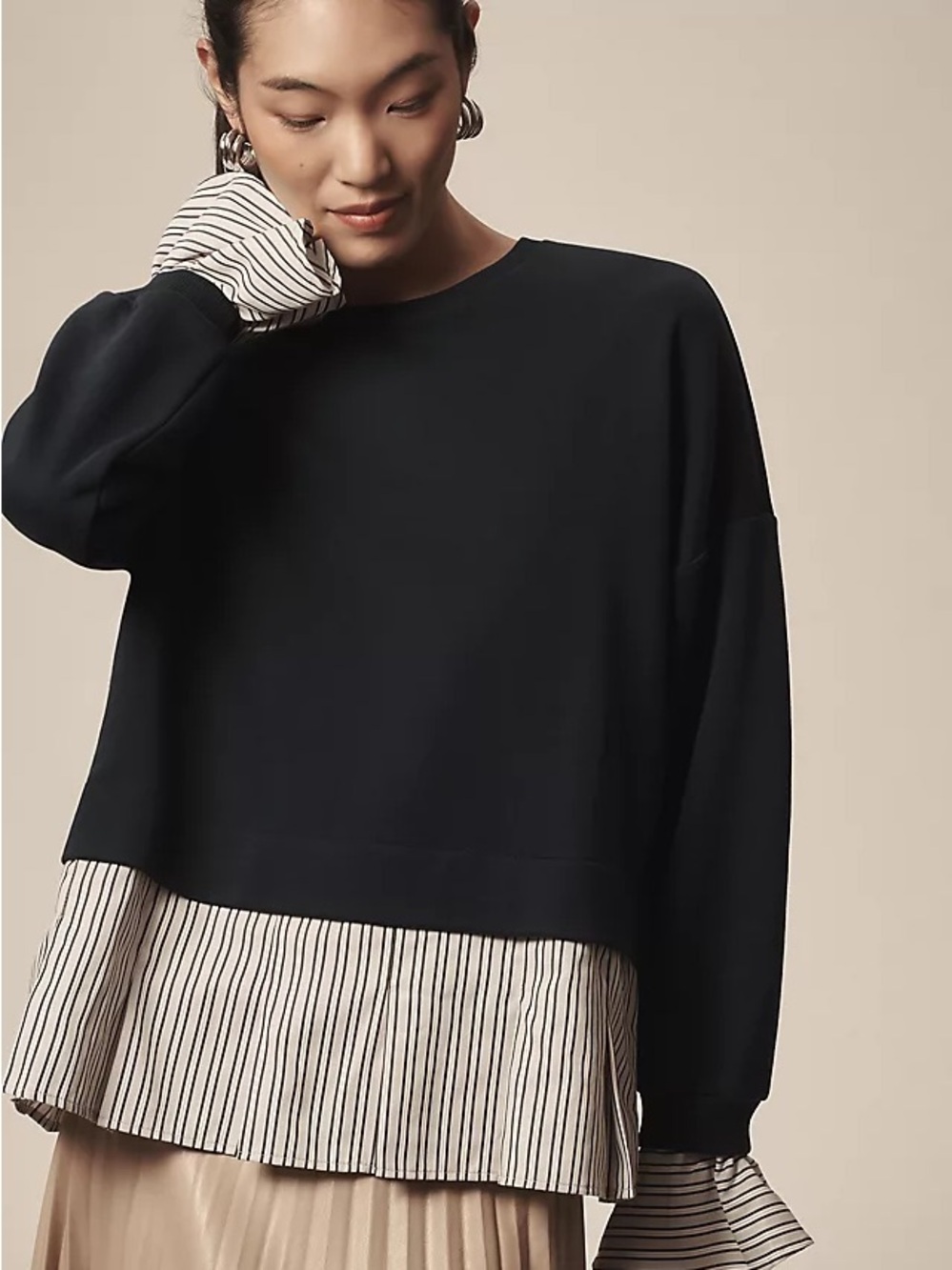 Anthropologie Black Layered Sweatshirt with Cream Striped Hem